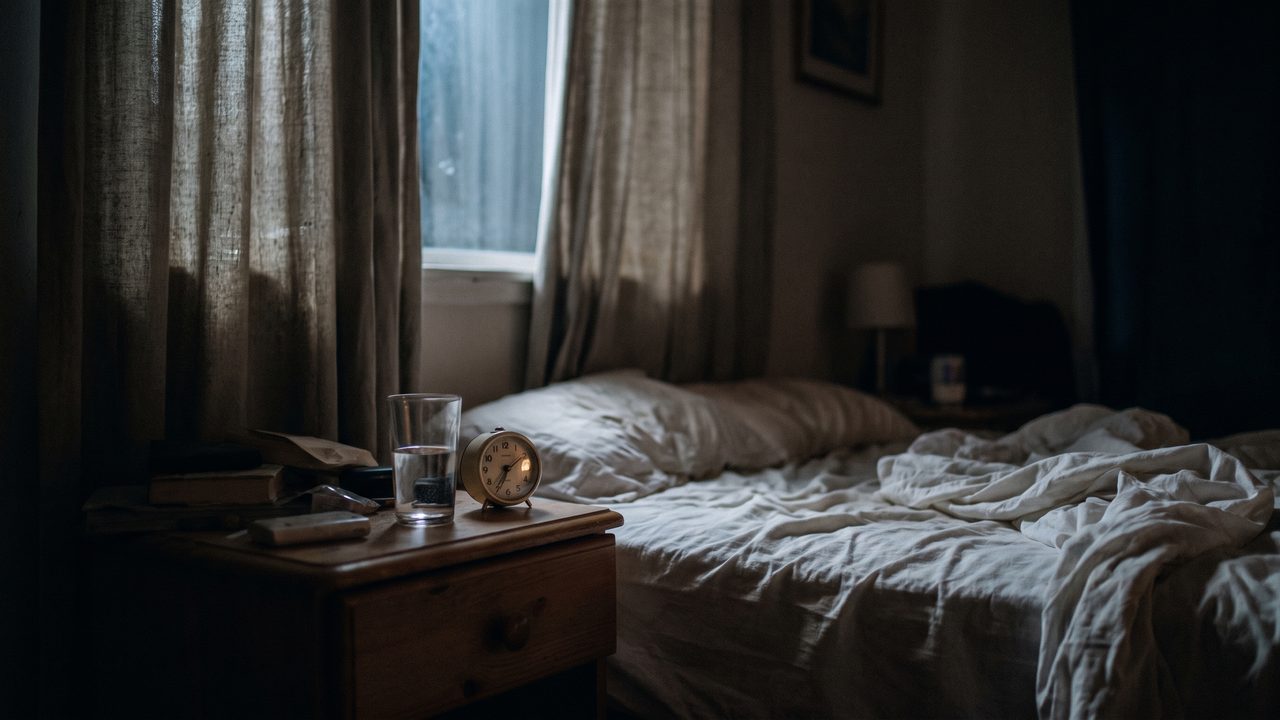 A dark bedroom at 3 a.m., lit only by the faint red numbers of a clock radio