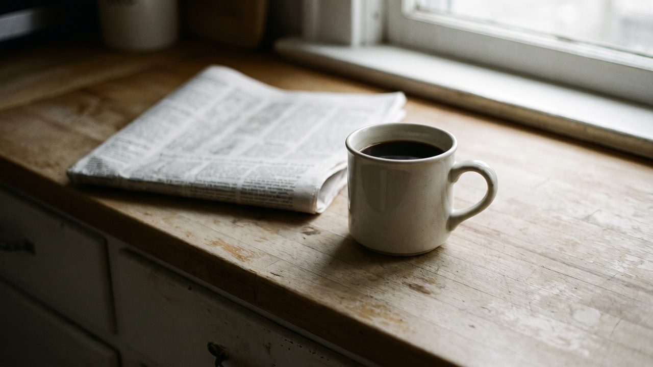 An untouched cup of coffee on a kitchen counter in early morning light