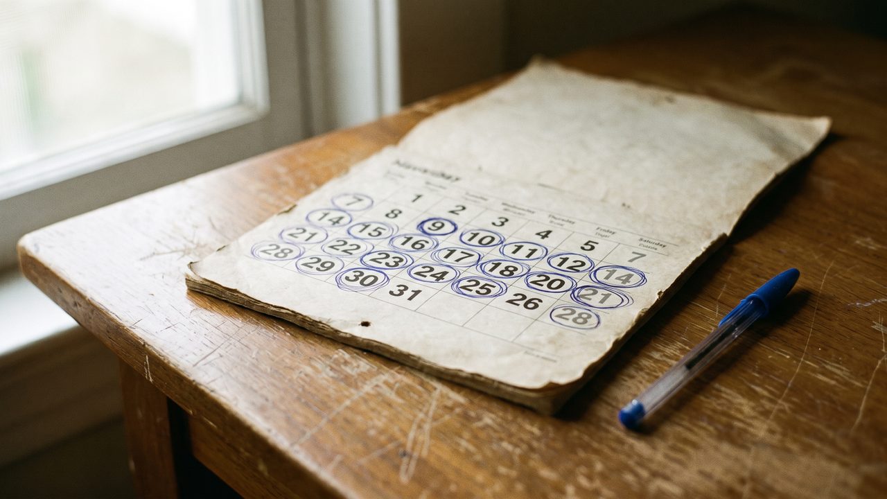 A paper calendar on a desk with cycle dates circled in pen