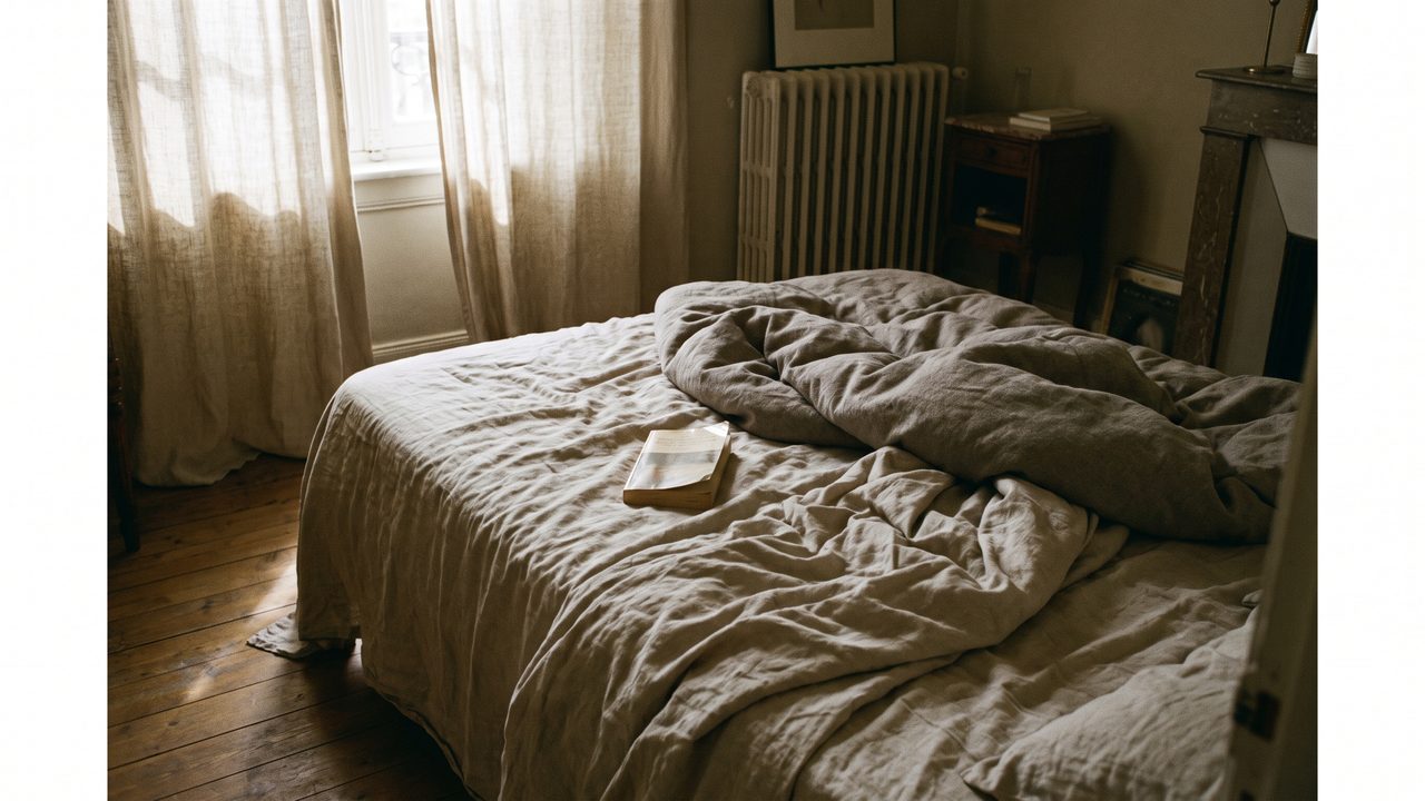 An unmade bed in soft afternoon light with curtains half drawn