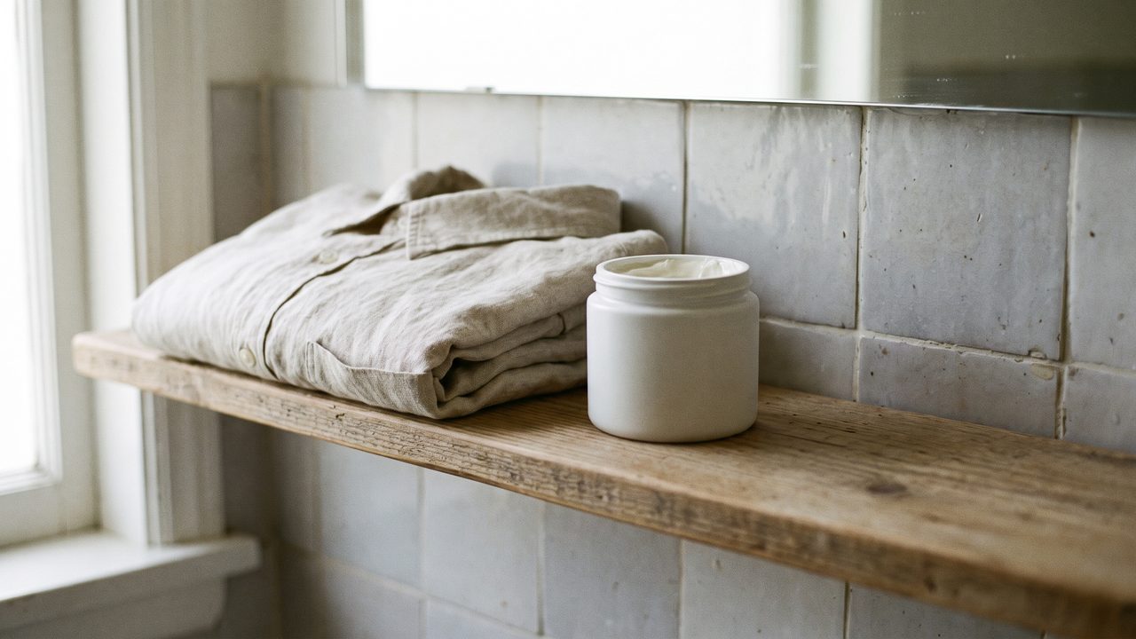 A folded linen shirt and a plain jar of unscented cream on a bathroom shelf