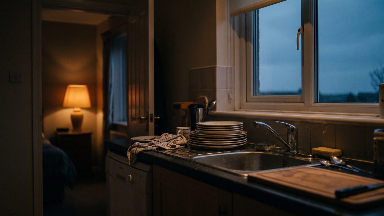 A kitchen worktop at dusk with a single lamp on and dishes stacked