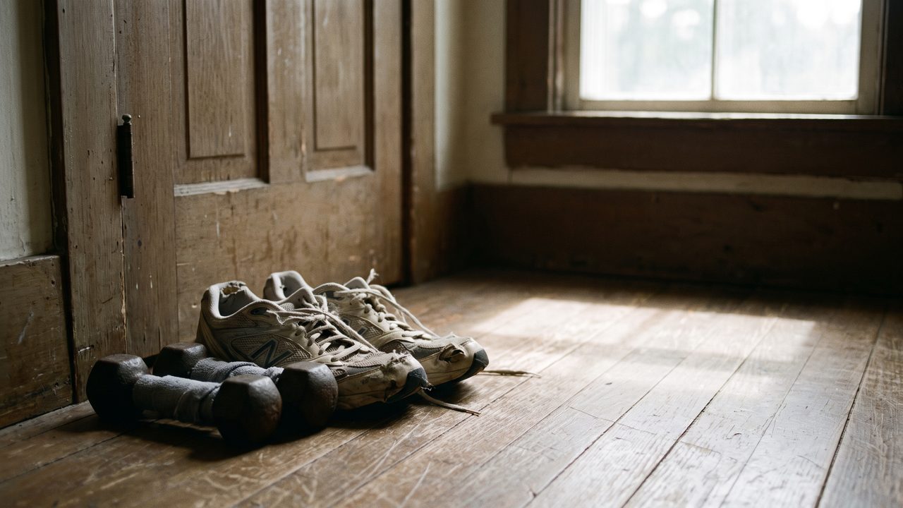Running shoes and a pair of light dumbbells by a door in morning light