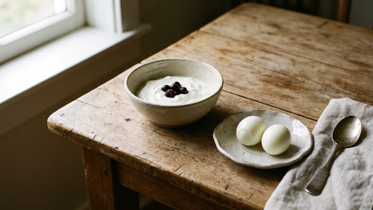 A plain breakfast of eggs and greek yoghurt on a wooden table