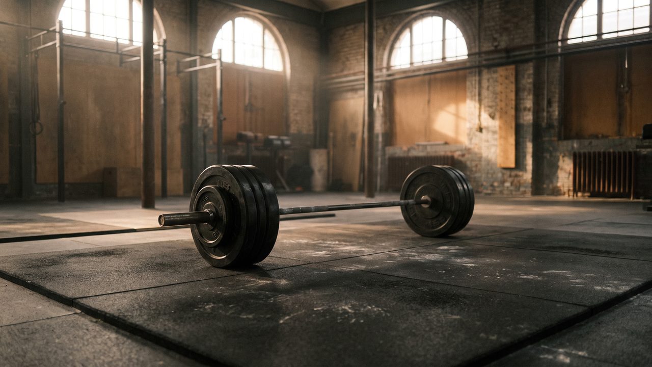 A loaded barbell resting on a gym floor in early morning light