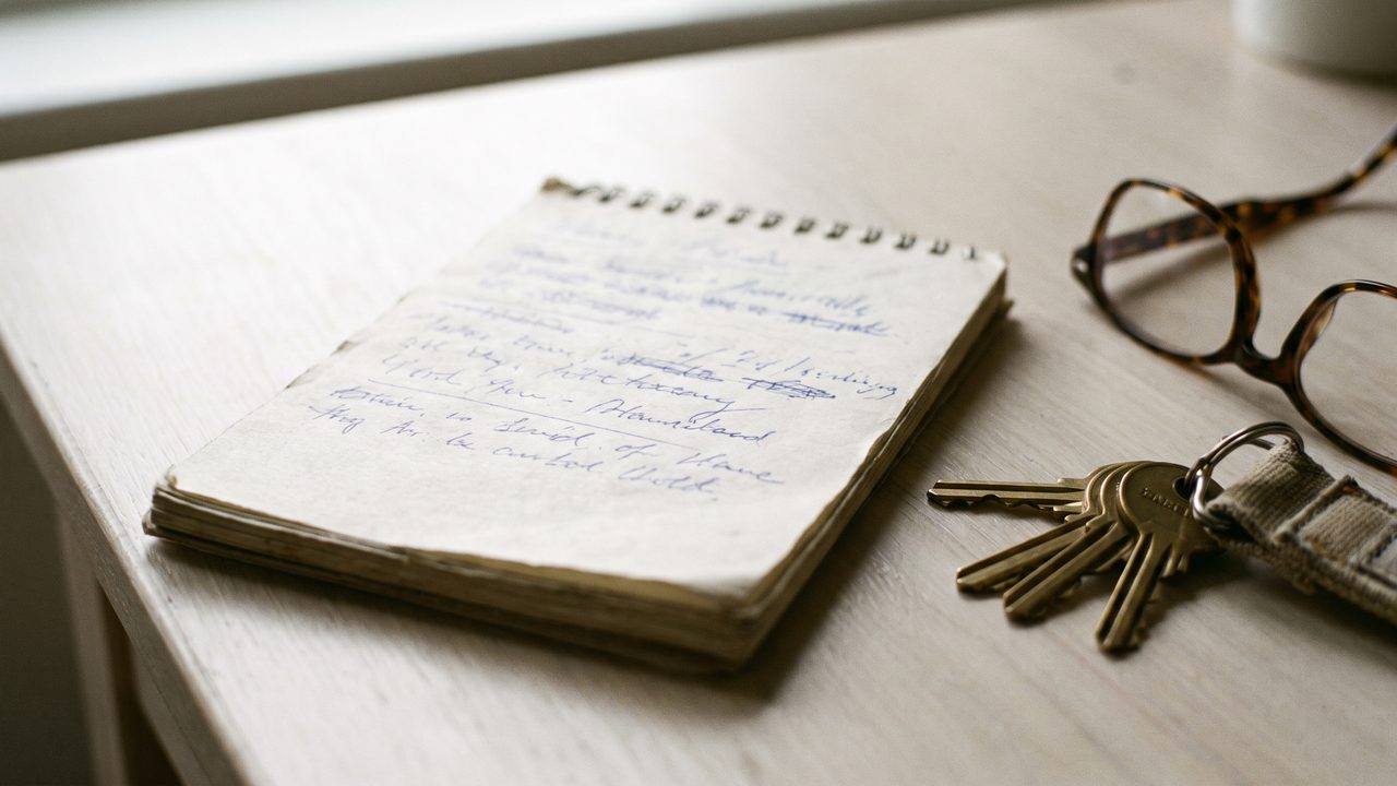 A handwritten list of questions on a notepad beside a set of keys