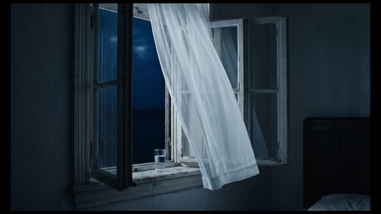 An open window at night with a light curtain moving in the air