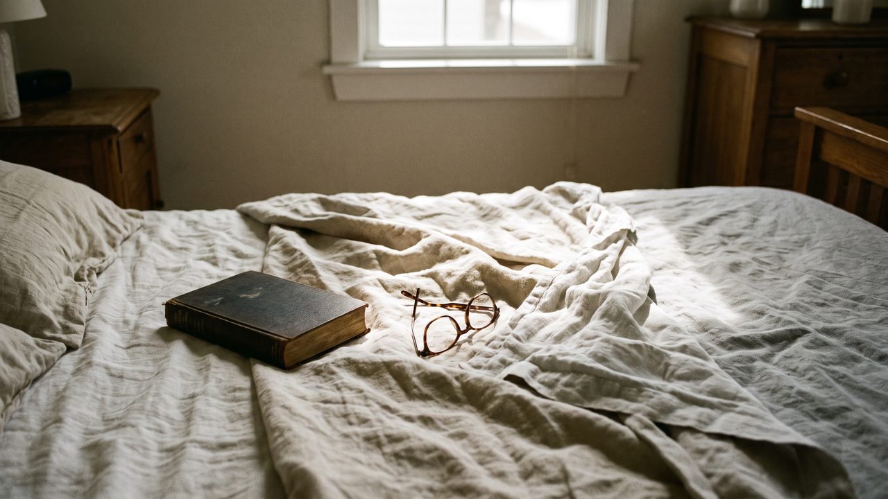 Morning light falling across rumpled bedsheets and a closed book