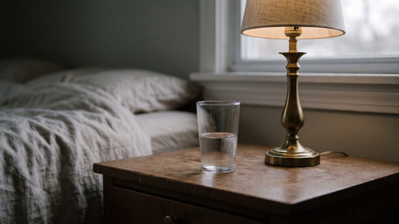 A glass of water on a bedside table in early morning light