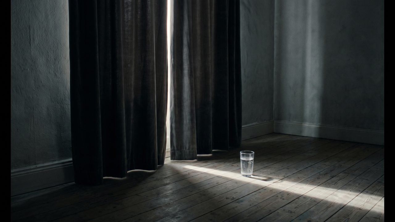 A dim room with curtains drawn against bright daylight outside