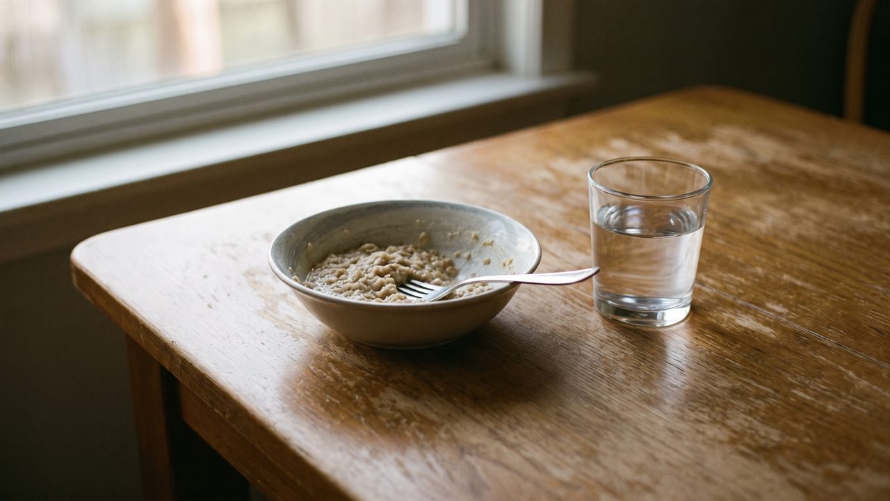 A half-finished bowl of food pushed to one side on a kitchen table