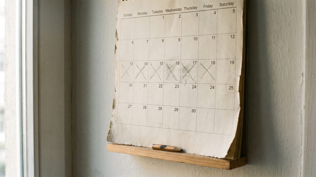 A wall calendar with a run of consecutive days marked in pencil