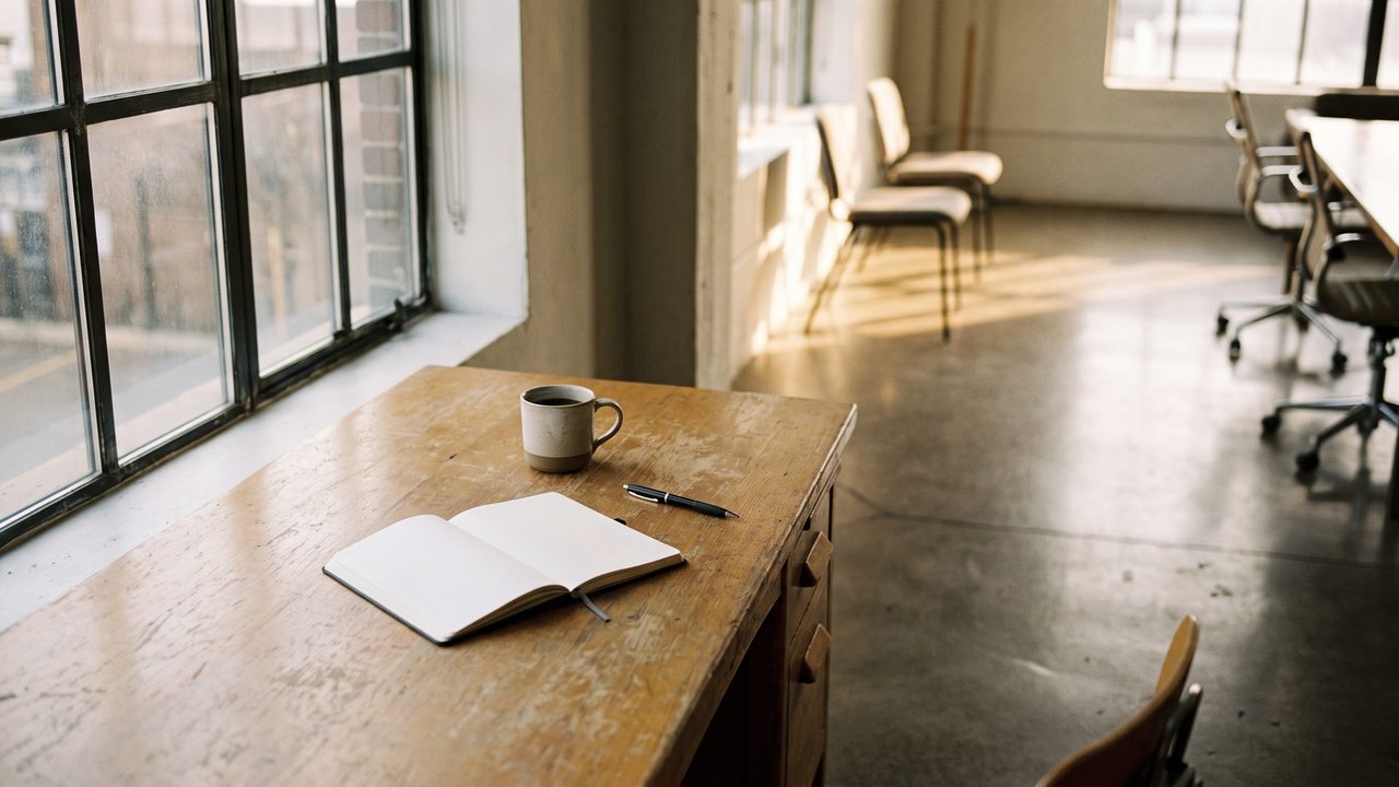 A desk by a window early in the morning before anyone else arrives