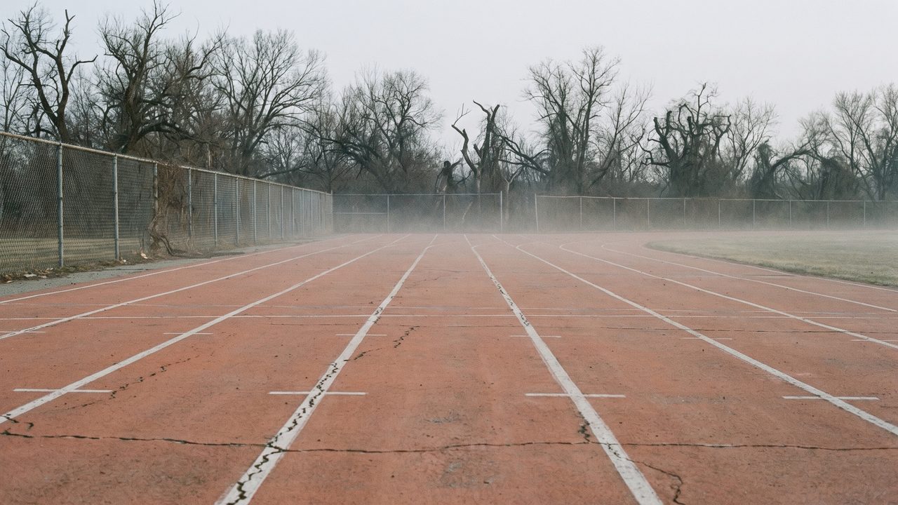 An empty running track in flat early morning light