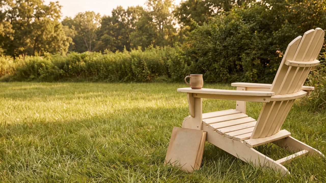A single garden chair at the far end of a lawn in late afternoon, a mug on the arm and a closed book in the grass