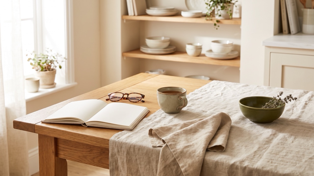 A kitchen table in morning light with an open notebook of handwritten notes, reading glasses and a cup of tea