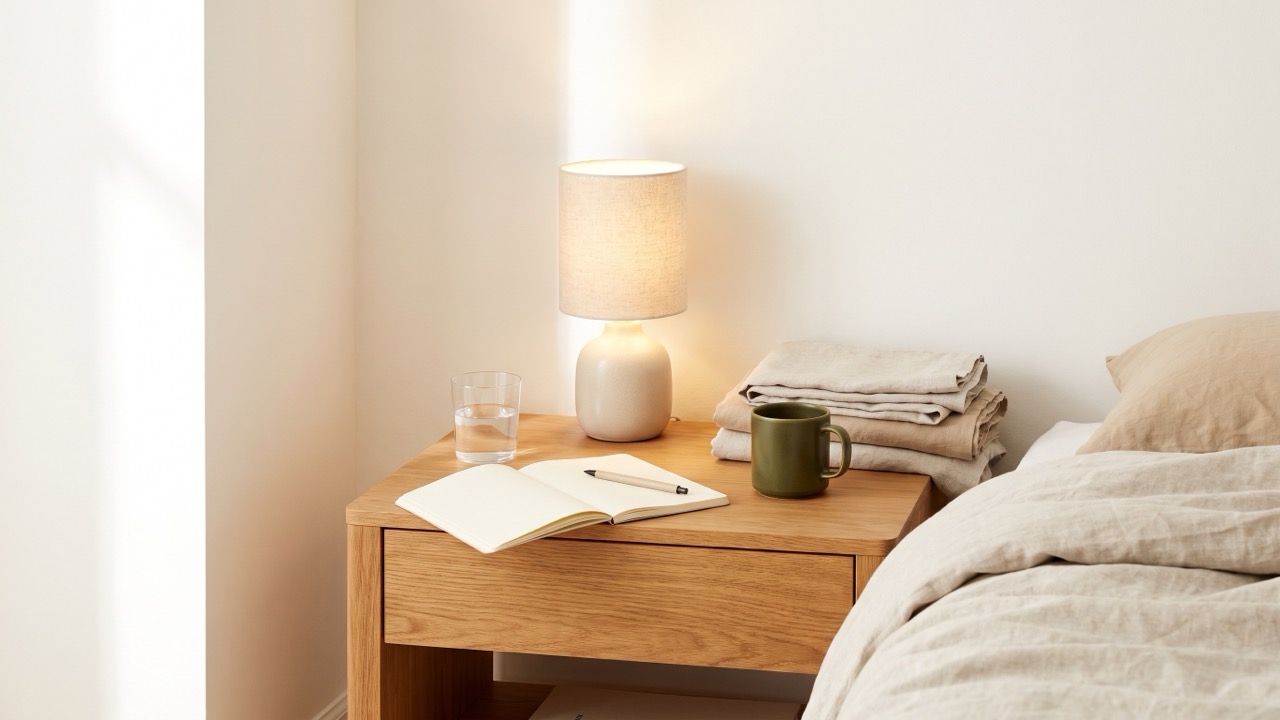 A bedside table in the small hours lit by one warm lamp, with a glass of water, a notebook and a pen