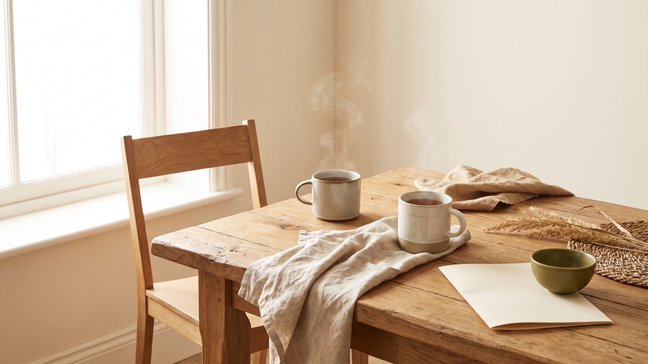 Two mugs of tea on a kitchen table in the morning, one chair pulled out, a folded sheet of paper beside them