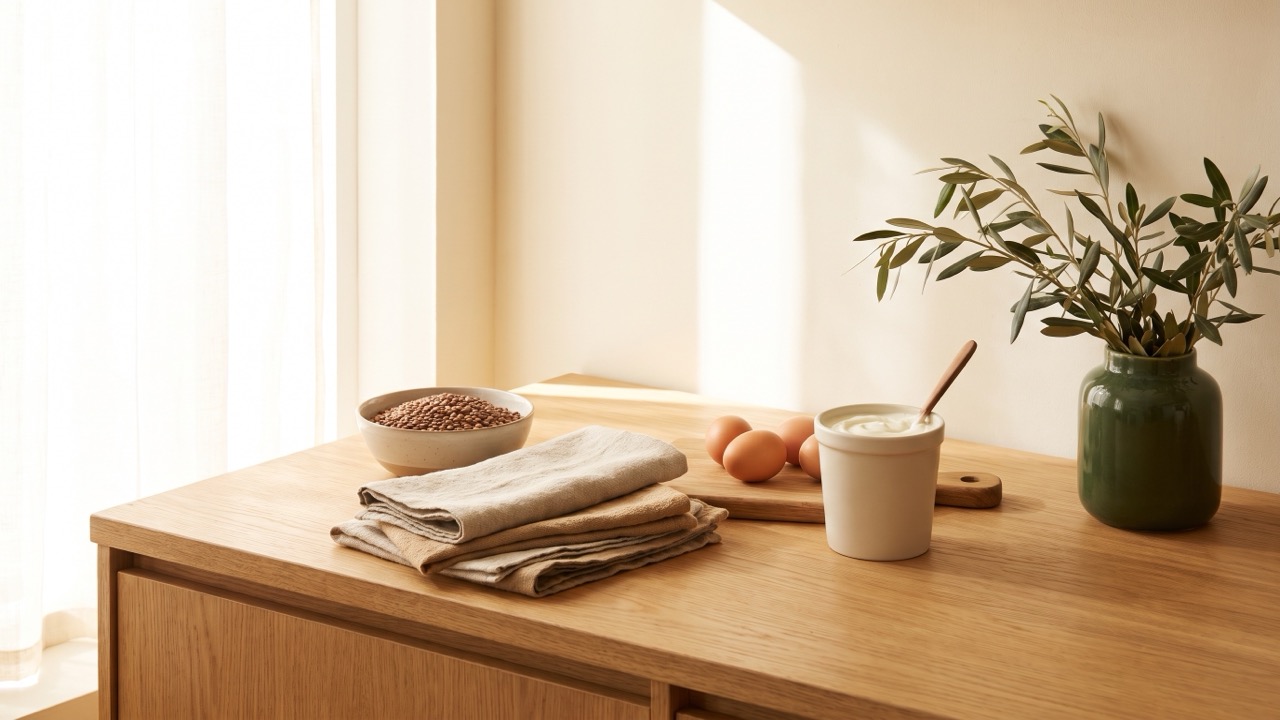 A kitchen counter in morning light with eggs, a tub of thick yoghurt, a tin of lentils and a tin of fish set out beside a chopping board