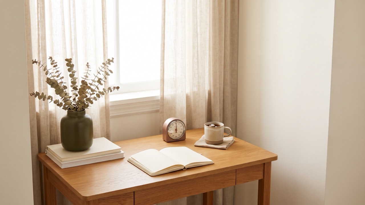 A small desk under a window with a blank open planner, a wind-up kitchen timer and a cold cup of coffee