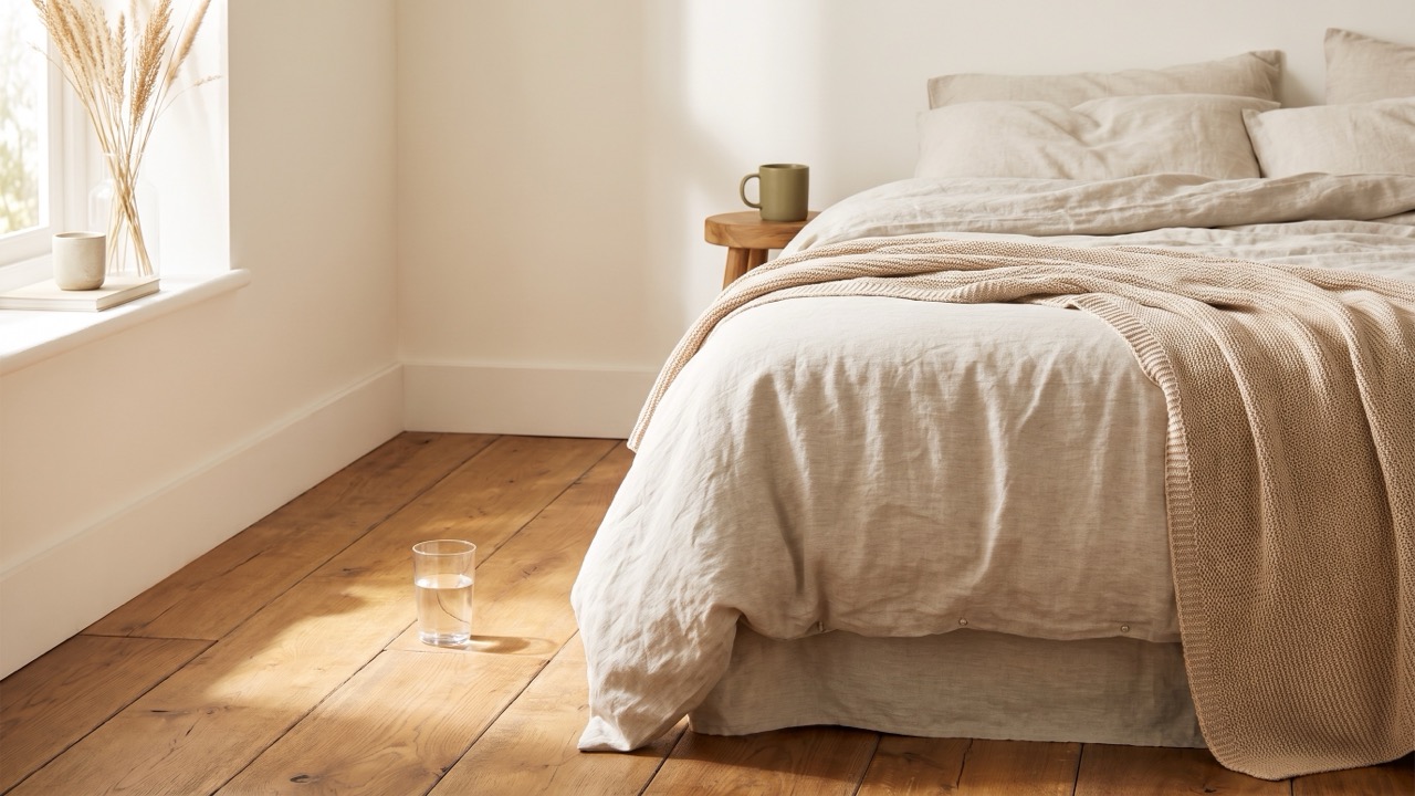 The edge of an unmade bed at first light, a glass of water on the floorboards beside it