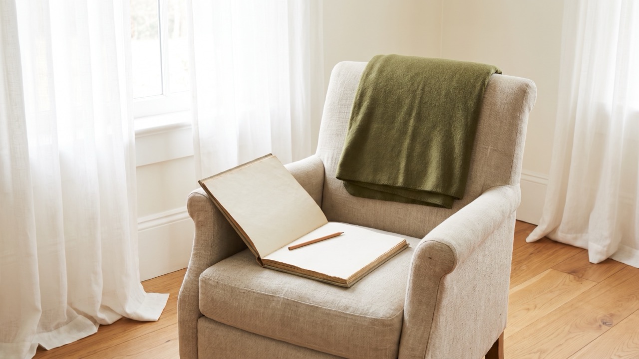 A worn armchair by a window with an old sketchbook open to a blank page on its arm and a pencil beside it