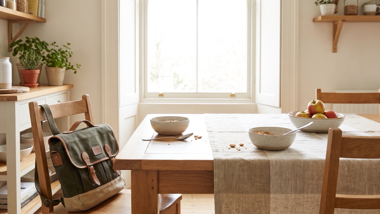 A kitchen table after breakfast with two cereal bowls, a school bag on the chair and a bowl of apples