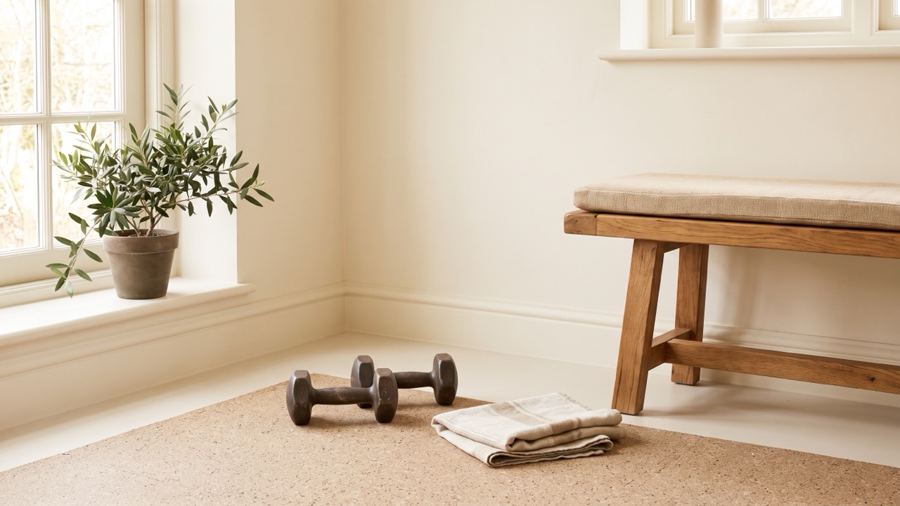 Two plain iron dumbbells and a folded towel on a rubber floor beside a wooden bench, morning light from a side window