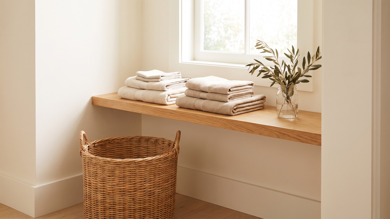 A sunlit laundry corner with folded oatmeal towels on an oak shelf, a wicker basket and a small jar of olive branches