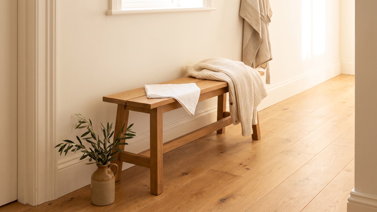 A wooden bench in a bright hallway with a folded cotton handkerchief and a cream cardigan laid over one end