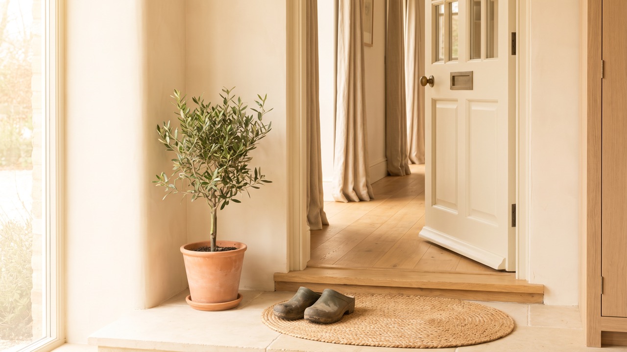 A sunlit front doorstep with the door standing half open, a potted olive tree and a pair of garden clogs on the step