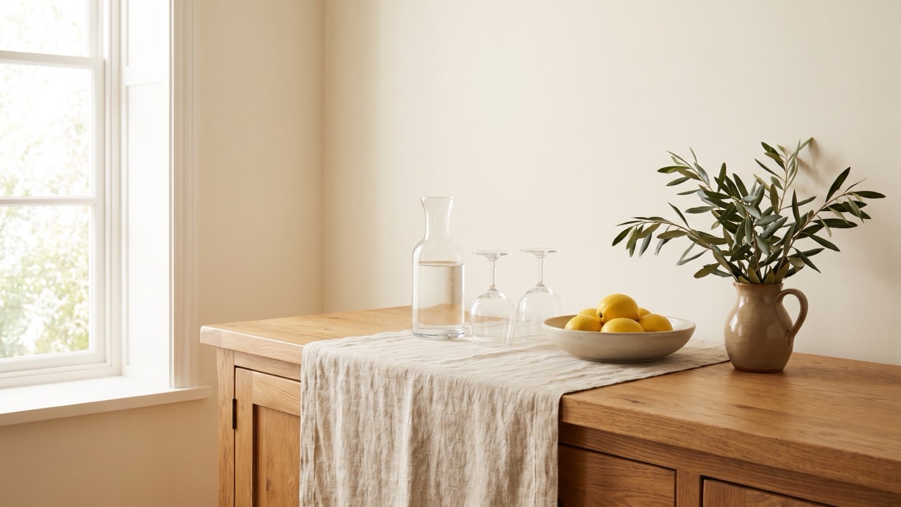 A dining-room sideboard in morning light with a carafe of water, two upturned stemmed glasses and a bowl of lemons