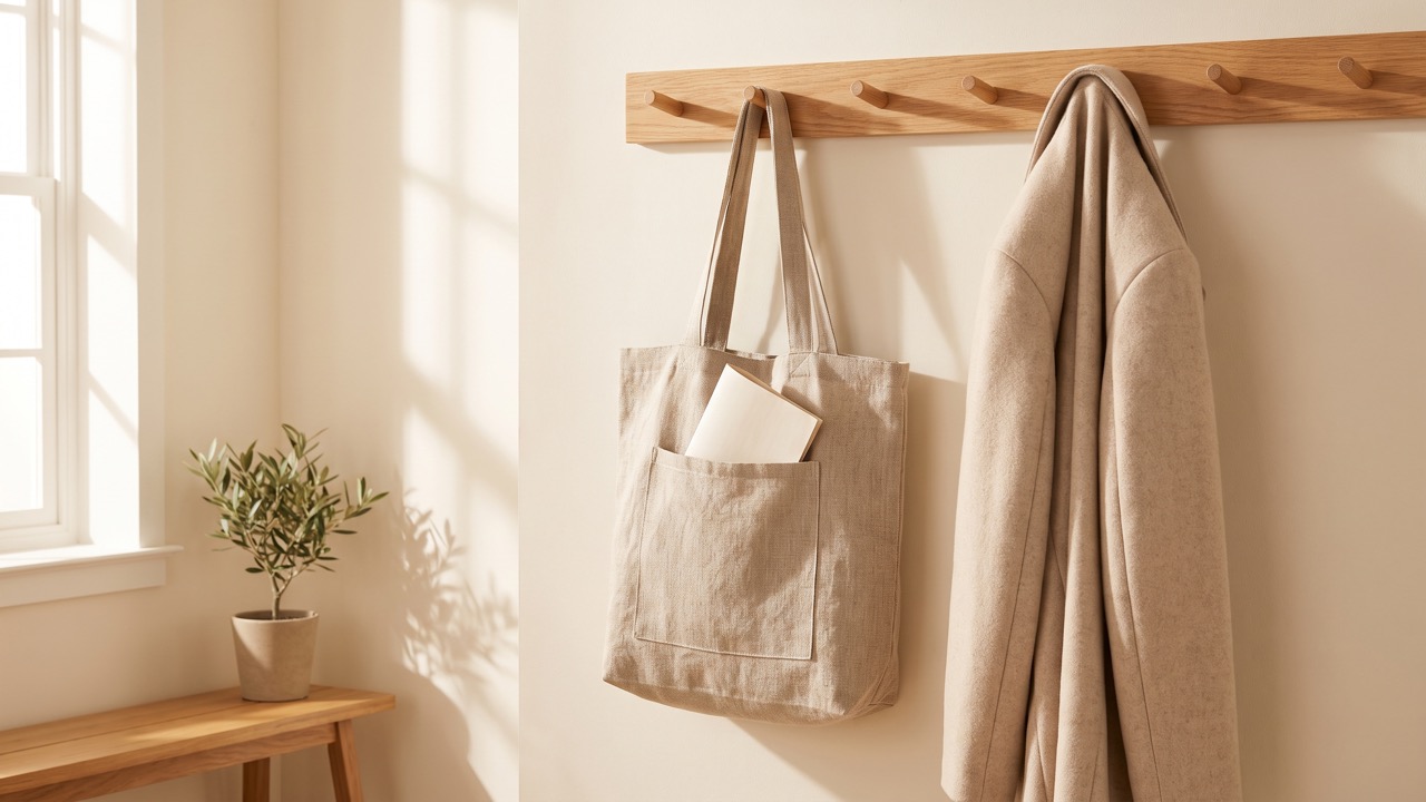 A linen tote bag hanging from an oak peg rail in a hallway, a folded sheet of paper tucked in its outer pocket and a light coat on the next peg, in morning light
