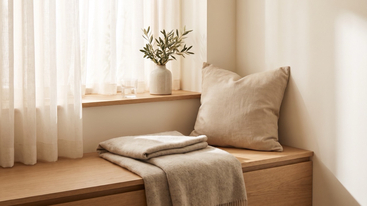 An oak window seat in morning light with a folded oatmeal blanket, a linen pillow and a glass of water on the sill