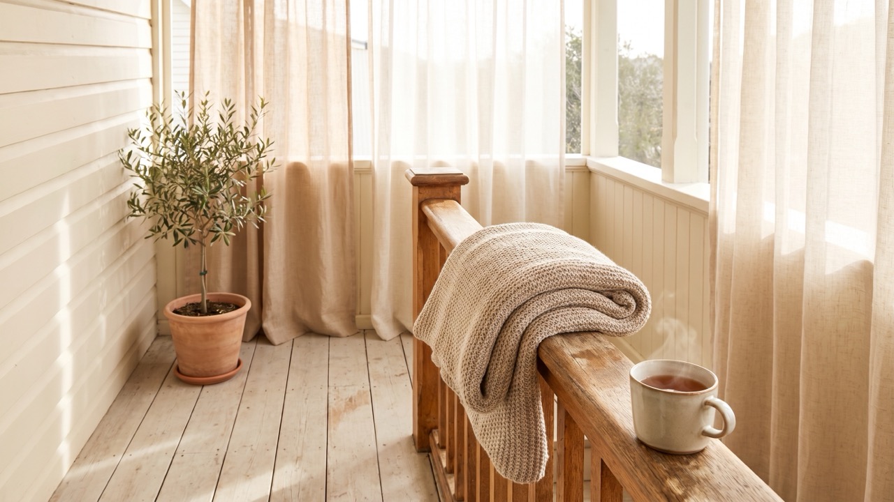 A wooden porch rail at sunrise with a folded knitted blanket over it and a mug of tea on the boards