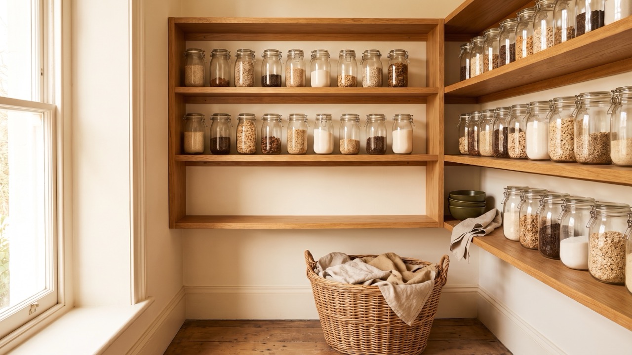 A bright larder with open oak shelves of glass jars and a linen-lined basket, one shelf standing completely clear