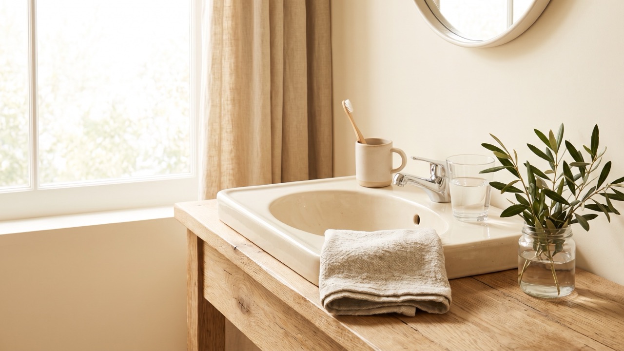 A bathroom basin in morning light with a wooden toothbrush standing in a ceramic cup beside a glass of water and a folded hand towel