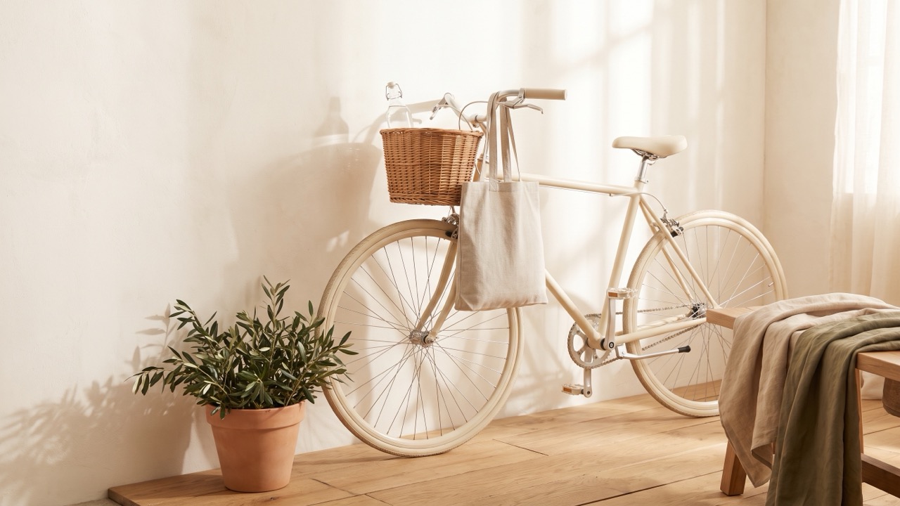 A cream bicycle leaning against a sunlit cream wall, a canvas bag hanging from the handlebars and a water bottle in the basket