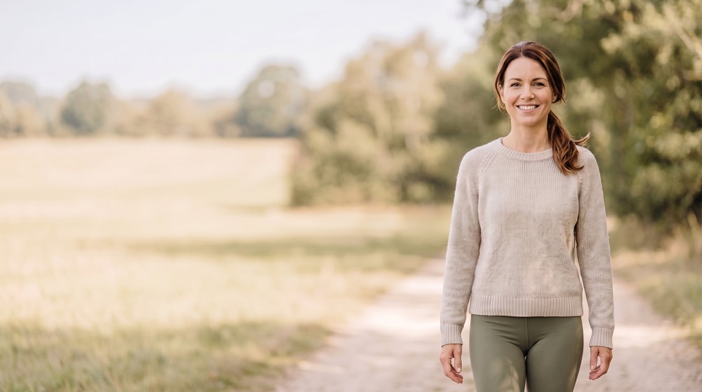 A woman in a cream sweater smiling on a country path